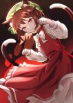  absurdres animal_ear_piercing animal_ears bow bowtie brown_eyes brown_hair cat_ears cat_girl cat_tail chen gradient_background green_headwear hat highres long_sleeves looking_at_viewer mob_cap multiple_tails paw_pose red_skirt red_vest rinkaito1231 shirt skirt tail touhou two_tails vest white_bow white_bowtie white_shirt 