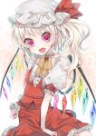 1girl blonde_hair fang flandre_scarlet frills hat hat_ribbon highres looking_at_viewer medium_hair one_side_up open_mouth pointy_ears red_eyes red_skirt ribbon skin_fang skirt smile solo takahashi_kouta touhou white_headwear wings wrist_cuffs 