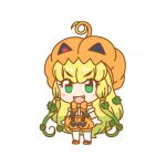  1girl blonde_hair bow bowtie full_body gloves green_eyes halloween_costume jack-o&#039;-lantern_(kemono_friends) kemono_friends kemono_friends_pavilion leaf long_hair looking_at_viewer official_art pantyhose pumpkin pumpkin_costume pumpkin_hat shirt shoes shorts smile solo transparent_background 