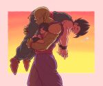  1girl 2boys antennae biceps black_hair black_nails black_pants black_wristband blue_pants blunt_bangs blush blush_stickers boots border carrying carrying_over_shoulder closed_eyes closed_mouth colored_skin commentary_request cowboy_shot dougi dragon_ball dragon_ball_super father_and_daughter fingerless_gloves fingernails frown gloves green_skin koukyouji multiple_boys muscular muscular_male namekian open_mouth outside_border pan_(dragon_ball) pants piccolo pink_border pointy_ears profile purple_pants red_footwear red_gloves red_sash sash serious shirt short_hair short_sleeves sleep_bubble sleeping smile son_gohan spiky_hair sunset t-shirt u_u v-shaped_eyebrows wristband 