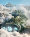  above_clouds absurdres aircraft airship annibale_siconolfi blue_eyes clouds day english_commentary flying highres moss mountain no_humans original outdoors overgrown scenery science_fiction sky tree 