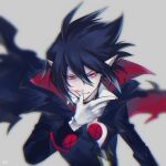  1boy ahoge black_cape black_choker black_hair blood blood_on_face blurry cape choker depth_of_field disgaea fang glaring gloves glowing glowing_eyes grey_background hair_between_eyes high_collar issa_(sorako45) looking_at_viewer makai_senki_disgaea_4 male_focus pale_skin pointy_ears red_eyes short_hair solo upper_body valvatorez_(disgaea) vampire white_gloves 