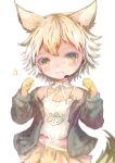  1girl absurdres animal_ears belt blonde_hair camisole coyote_(kemono_friends) extra_ears gloves highres jacket kemono_friends kemono_friends_v_project looking_at_viewer maki_gamin microphone short_hair simple_background skirt solo tail virtual_youtuber wolf_ears wolf_girl wolf_tail yellow_eyes 
