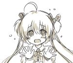  1girl @_@ ahoge blush bow confused eyes_visible_through_hair flying_sweatdrops hair_between_eyes hair_ornament hair_ribbon hands_up kamikita_komari little_busters! long_ribbon long_sleeves looking_at_viewer micchi_(koto_maple) monochrome open_hands open_mouth panicking pink_bow ribbon short_hair sketch solo star_(symbol) star_hair_ornament straight-on tareme two_side_up upper_body wavy_mouth 