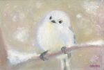  amima_amita animal animal_focus bird black_eyes branch claws feathers long-tailed_tit no_humans original painting_(medium) pastel_(medium) signature snow snowing tail_feathers tit_(bird) traditional_media 