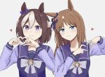  2girls animal_ears blush bow bowtie brown_hair commentary ear_bow grass_wonder_(umamusume) grey_background hair_between_eyes heart heart_hands horse_ears horse_girl long_hair long_sleeves looking_at_viewer motodanagazane multicolored_hair multiple_girls purple_bow school_uniform short_hair simple_background smile special_week_(umamusume) tracen_school_uniform two-tone_hair umamusume upper_body violet_eyes white_bow white_bowtie white_hair 