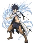  abs belt black_hair blue_pants boots brown_belt brown_footwear brown_pants crossover fairy_tail full_body gate_of_nightmares gray_fullbuster highres ice jacket looking_at_viewer magic mashima_hiro official_art open_clothes open_jacket pants short_hair solo spiky_hair transparent_background white_jacket 