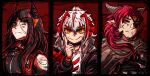  +_+ 1boy 2girls arknights black_jacket brown_cape cape demon_horns eyepatch gamma_(gaemms_chamois) grey_hair highres hoederer_(arknights) horns ines_(arknights) jacket long_hair long_sleeves messy_hair multicolored_hair multiple_girls open_clothes open_jacket redhead scar scar_on_face shirt short_hair smile split_mouth streaked_hair upper_body w_(arknights) white_shirt yellow_eyes 