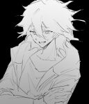  1boy :d absurdres black_background collarbone danganronpa_(series) danganronpa_2:_goodbye_despair hair_between_eyes highres hood hood_down hooded_jacket jacket komaeda_nagito long_sleeves male_focus messy_hair open_clothes open_jacket shirt simple_background smile solo sweat teeth tongue watanabe_kawa 