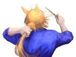  1boy animal_ears arknights arm_behind_back arm_up blonde_hair blue_shirt commentary cutting_hair cutting_own_hair facing_away highres holding holding_knife horse_boy horse_ears houki_(r_botrytis8210) knife long_hair male_focus mlynar_(arknights) shirt simple_background solo upper_body white_background 