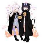  2girls animal_ears black_cape black_footwear black_hair black_neckerchief blue_archive boots candy cape cat_ears cat_tail colored_inner_hair fang food gloves grey_serafuku grey_skirt hair_ornament halloween halloween_costume halo highres holding holding_candy holding_food kazusa_(blue_archive) long_hair looking_at_viewer maikuro motion_lines multicolored_hair multiple_girls neckerchief one_eye_closed open_mouth pink_hair pink_halo purple_hair purple_thighhighs red_eyes reisa_(blue_archive) sailor_collar school_uniform serafuku short_hair skin_fang skirt smile star_(symbol) star_hair_ornament star_print tail thigh-highs trick_or_treat twintails violet_eyes white_background white_gloves white_sailor_collar 