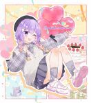  1girl balloon beret black_ribbon blonde_hair braid cake chinchilla_(animal) commentary food frills gift grey_sweater_vest hair_ornament hairclip hanamori_natsumi happy_birthday hat heart_balloon highres holding_party_popper light_blush looking_at_viewer multicolored_hair one_eye_closed open_mouth party_popper plaid purple_hair ribbed_socks ribbon shoes skirt smile sneakers socks solo strawberry_shortcake sweater_vest teeth twin_braids twitter_username upper_teeth_only violet_eyes wanmofu 