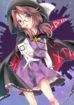  1girl :p brown_eyes brown_hair card cloak dress glasses gloves holding holding_card purple_dress purple_skirt runes skirt solo takahashi_kouta tongue tongue_out touhou twintails usami_sumireko 