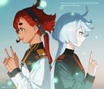  2girls ahoge album_cover asticassia_school_uniform back-to-back black_hairband blue_eyes cd_(source) copyright_name cover dark_skin english_text from_side gradient_background grey_eyes gundam gundam_suisei_no_majo hair_tubes hairband index_finger_raised long_hair long_sleeves low_ponytail miorine_rembran mogumo multiple_girls necktie official_art open_mouth profile red_necktie redhead school_uniform short_eyebrows suletta_mercury thick_eyebrows upper_body white_hair yellow_necktie 