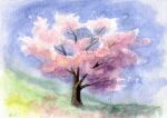  amima_amita blue_sky cherry_blossoms day highres no_humans original painting_(medium) plant sky sunlight traditional_media tree watercolor_(medium) 