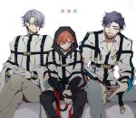  3boys absurdres bandaid bandaid_on_cheek bandaid_on_face black_hair black_pants blue_eyes brown_eyes brown_pants eyepatch grey_eyes grey_hair grey_pants hair_over_one_eye highres hood hood_up jacket kajiyama_fuuta kao_ru05 kirisaki_shidou long_sleeves male_focus milgram mukuhara_kazui multiple_boys pants redhead signature sitting straitjacket white_background white_jacket 