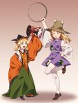  &gt;_&lt; 2girls alternate_costume animal_print arm_up black_footwear blonde_hair brown_footwear collared_shirt cosplay costume_switch detached_sleeves drum frog_print full_body gradient_background green_skirt hair_ribbon hat highres holding instrument long_hair long_skirt long_sleeves matara_okina matara_okina_(cosplay) miniskirt moriya&#039;s_iron_rings moriya_suwako moriya_suwako_(cosplay) multiple_girls open_mouth purple_skirt purple_vest pyonta red_ribbon ribbon shadow shikido_(khf) shirt shoes short_hair skirt sleeves_past_wrists standing standing_on_one_leg tabard teeth thigh-highs tongue touhou tsuzumi turtleneck vest white_shirt wide_sleeves yellow_eyes zettai_ryouiki 