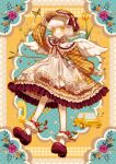  1girl :o absurdres acorn angel_wings ankle_ribbon apron aqua_background bag bobby_socks bottle bow box branch bug butterfly candy capelet car choppy_bangs clover corded_phone diamond-shaped_pupils diamond_(shape) dress flipped_hair flower food four-leaf_clover frilled_capelet frilled_dress frilled_hat frilled_shirt_collar frilled_socks frills full_body hand_on_headwear hat hat_bow highres leg_ribbon long_sleeves looking_at_viewer mary_janes medium_hair motor_vehicle neck_ribbon nekohai_darake original phone pink_flower pink_rose plaid plaid_dress polka_dot polka_dot_background puffy_long_sleeves puffy_sleeves purple_flower red_bow red_footwear red_ribbon ribbon rose shoes shoulder_bag socks solo straw_hat symbol-shaped_pupils tulip white_apron white_capelet white_flower white_hair white_socks white_wings wings yellow_background yellow_butterfly yellow_dress yellow_eyes yellow_flower yellow_rose yellow_theme yellow_tulip 