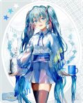  1girl :d black_skirt blue_bow blue_eyes blue_hair blue_skirt bow breasts collared_shirt commentary_request cup dress_shirt grey_background hair_between_eyes hatsune_miku highres long_hair long_sleeves looking_at_viewer mug pleated_skirt puffy_long_sleeves puffy_sleeves saihate_(d3) shirt skindentation skirt small_breasts smile solo star_(symbol) twintails very_long_hair vocaloid white_background white_shirt 