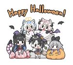  5girls animal_ears black_hair blonde_hair blue_hair chibi colored_inner_hair demon_horns dog_ears dog_girl dog_tail fang fuwawa_abyssgard grey_hair halloween happy_halloween hat highres holoadvent hololive hololive_english horns koseki_bijou looking_at_viewer mococo_abyssgard multicolored_hair multiple_girls nerissa_ravencroft open_mouth pebble_(koseki_bijou) perroccino_(fuwamoco) pink_hair pumpkin shadow_(nerissa_ravencroft) shiori_novella siblings sisters skin_fang snowmya split-color_hair streaked_hair tail twins virtual_youtuber white_hair witch witch_hat yorick_(shiori_novella) 