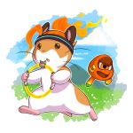  1girl 2others animalization artist_name blue_sky fiery_hair hamster hoplin multiple_others on_grass ring_(ring_fit_adventure) ring_fit_adventure ring_fit_trainee_(female) running sky 