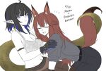  2girls animal_ears arknights brown_hair dated dokonjou_(odossan) eunectes_(arknights) fox_ears fox_girl fox_tail franka_(arknights) gloves grey_shirt multicolored_hair multiple_girls pointy_ears shirt smile snake_tail tail two-tone_hair white_background yuri 