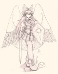  1girl absurdres alternate_costume bow cape closed_mouth commentary dated english_commentary full_body gloves greyscale hair_bow highres holding holding_shield holding_sword holding_weapon long_hair looking_at_viewer monochrome reiuji_utsuho shield shoes signature skirt sword that_kirisame third_eye touhou weapon wings 