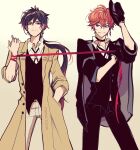  2boys ahoge antenna_hair artist_name black_choker black_coat black_gloves black_hair black_headwear black_jacket black_pants black_vest blue_eyes brown_eyes bungou_stray_dogs buttons choker closed_mouth coat collared_coat collared_shirt cosplay crossed_bangs crossover crystal_earrings dazai_osamu_(bungou_stray_dogs) dazai_osamu_(bungou_stray_dogs)_(cosplay) earrings english_commentary gem genshin_impact gloves gradient_hair hair_between_eyes hand_in_pocket hand_up hands_up hanixiu hat holding holding_clothes holding_hat jacket jewelry long_hair long_sleeves looking_at_viewer male_focus multicolored_hair multiple_boys nakahara_chuuya nakahara_chuuya_(cosplay) open_clothes open_coat orange_hair pants pocket ponytail red_gemstone redhead shirt short_hair simple_background single_earring smile standing tape tartaglia_(genshin_impact) tassel tassel_earrings unworn_headwear vest white_pants white_shirt yellow_background yellow_coat zhongli_(genshin_impact) 