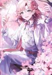  1boy :d alternate_color alternate_hair_color belt blue_eyes button_gap cherry_blossoms coat collared_shirt ear_piercing earrings feet_out_of_frame flower frilled_shirt frilled_sleeves frills hair_behind_ear hair_between_eyes hair_flower hair_ornament hands_up highres jewelry kanae_(nijisanji) light_rays long_sleeves looking_at_viewer male_focus medium_hair mellowone mole mole_under_eye nijisanji o-ring o-ring_belt official_alternate_costume open_clothes open_coat pants piercing pink_belt pink_flower pink_hair pink_theme shirt sitting smile solo sunlight swept_bangs swing tree two-sided_coat two-sided_fabric virtual_youtuber white_coat white_hair white_pants 