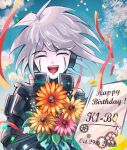  1boy :d android character_name closed_eyes danganronpa_(series) danganronpa_v3:_killing_harmony dated day facing_viewer flower green_sky grey_hair happy_birthday headphones highres holding holding_flower k1-b0 medium_hair orange_flower outdoors pale_skin pikkiy0529 pink_flower power_armor smile solo upper_body 