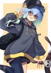 1girl absurdres ahoge alternate_costume anchor_symbol aqua_hair asymmetrical_legwear backpack bag barbaros_(shadowverse) bare_legs baseball_cap black_bag black_choker black_headwear blue_hair blue_thighhighs breasts choker english_text feet_out_of_frame glasses grey_hoodie hair_between_eyes hat highres holding holding_weapon hood hood_down hoodie long_sleeves medium_breasts multicolored_hair open_hand open_mouth oversized_clothes puffy_sleeves shadowverse short_hair shorts simple_background single_bare_leg skull skull_print smile standing streetwear thigh-highs v weapon yellow_background yellow_eyes yurihasu zipper 