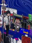  1boy ahoge arcade_cabinet arrow_(symbol) black_pants blue_background breast_pocket brown_hair collared_shirt danganronpa_(series) danganronpa_2:_goodbye_despair danganronpa_3_(anime) geruidoshifa green_necktie grey_shirt handheld_game_console highres hinata_hajime hope&#039;s_peak_academy_school_uniform kamukura_izuru komaeda_nagito nanami_chiaki necktie nintendo_ds pants pocket polearm school_uniform shirt short_hair solo spear staff tetris usami_(danganronpa) walking weapon white_shirt 