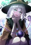  absurdres black_headwear bow buttons collared_shirt diamond_button frilled_shirt_collar frills green_eyes grey_hair hands_on_own_face hat hat_bow highres knees komeiji_koishi looking_at_viewer open_mouth rinkaito1231 shirt smile third_eye touhou wide_sleeves yellow_bow yellow_shirt 