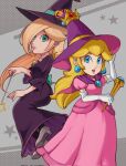  2girls back_bow blonde_hair blue_eyes bow brooch capelet crown dress earrings elbow_gloves eyelashes floating gloves hair_over_one_eye hat highres holding holding_wand jack-o&#039;-lantern_hat_ornament jewelry long_hair looking_at_viewer mario_kart mario_kart_tour multiple_girls official_alternate_costume pink_dress princess_peach princess_peach_(halloween) puffy_short_sleeves puffy_sleeves purple_dress purple_headwear rosalina rosalina_(halloween) sasaki_sakiko short_sleeves smile star_(symbol) star_brooch star_earrings super_mario_bros. wand white_gloves witch_hat 