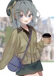  1girl adapted_costume bag beret black_shirt blush coffee_cup collared_shirt cowboy_shot cup disposable_cup green_eyes green_headwear green_skirt grey_hair hair_between_eyes hair_ornament hat highres holding holding_cup jacket komeiji_koishi looking_at_viewer open_mouth shirt short_hair shoulder_bag skirt smile solo tamagogayu1998 touhou x_hair_ornament yellow_jacket 