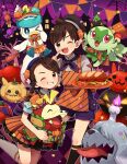  1boy 1girl ;d apron black_socks braid brown_eyes brown_hair candy_apple commentary_request florian_(pokemon) food fuecoco greavard halloween hat highres holding holding_pokemon index_finger_raised juliana_(pokemon) knees one_eye_closed open_mouth orange_apron orange_skirt pokemon pokemon_(creature) pokemon_(game) pokemon_sv purple_shorts quaxly rii_(pixiv11152329) sandwich school_uniform shirt short_hair shorts skirt smile socks sprigatito star_(symbol) teeth tomato tomato_slice tongue upper_teeth_only white_headwear 