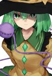  1girl black_headwear buttons closed_mouth collared_shirt diamond_button frilled_shirt_collar frills green_eyes green_hair hair_between_eyes hat hat_ribbon highres komeiji_koishi long_hair looking_at_viewer pocche-ex ribbon shirt simple_background smile solo third_eye touhou upper_body white_background yellow_ribbon yellow_shirt 