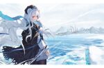  1girl animal_ears arknights arm_at_side bear_ears bear_girl black_cape blue_hair blue_ribbon cape commentary_request cowboy_shot english_commentary fur-trimmed_shirt fur_trim highres hongbaise_raw letterboxed long_hair mixed-language_commentary mountainous_horizon multicolored_hair ocean outdoors red_eyes redhead ribbon rosa_(arknights) russian_commentary shirt solo star_(symbol) streaked_hair wavy_hair white_hair white_shirt wind 