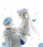  1boy 1girl blue_flower blue_hair capelet carrying carrying_person cloak closed_eyes commentary couple earrings elf english_commentary flower flower_wreath frieren from_side green_eyes head_wreath hetero himmel_(sousou_no_frieren) jewelry long_hair looking_at_another nemophila_(flower) open_mouth petals pointy_ears profile ring smile sousou_no_frieren twintails white_background white_capelet white_hair yizhi_xigua 