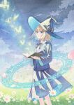  1girl black_bow black_bowtie blonde_hair blue_eyes blue_jacket blue_skirt book bow bowtie bug butterfly cropped_feet flower from_side grass hair_bow hat highres holding holding_book jacket k.nishiyama looking_to_the_side magic_circle original petals shirt short_hair skirt sky solo standing white_shirt witch witch_hat 
