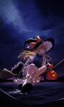  1girl absurdres blonde_hair bow broom broom_riding dawn dress grin hat highres horizon jack-o&#039;-lantern kirisame_marisa long_hair night night_sky pan-ooh puffy_short_sleeves puffy_sleeves short_sleeves sky smile socks solo star_(sky) touhou witch witch_hat yellow_eyes yukkuri_shiteitte_ne 