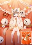 1girl 40hara :p balloon blanket cat cat_ears cat_girl cat_tail footprints green_eyes halloween halloween_costume highres kinako_(40hara) looking_at_viewer original photo_inset pumpkin tongue tongue_out