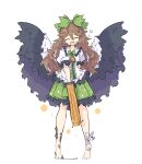  1girl :d arm_behind_back arm_cannon barefoot bird_wings black_wings bow bowtie breasts brown_hair cape closed_eyes collared_shirt commentary control_rod feathered_wings frilled_shirt_collar frilled_skirt frilled_sleeves frills full_body green_bow green_bowtie green_skirt hair_between_eyes hair_bow heart highres leg_ribbon long_bangs long_hair open_mouth primsla puffy_short_sleeves puffy_sleeves reiuji_utsuho ribbon round_teeth shirt short_sleeves simple_background skirt small_breasts smile solo standing teeth third_eye touhou upper_teeth_only weapon white_background white_bow white_cape white_ribbon white_shirt wings 