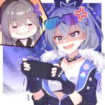 2girls anger_vein anya&#039;s_heh_face_(meme) badge black_gloves brown_hair button_badge comedy eyewear_on_head fingerless_gloves flower gloves goggles goggles_on_head grey_eyes grey_hair hair_flower hair_ornament handheld_game_console herta_(honkai:_star_rail) highres honkai:_star_rail honkai_(series) jacket kitsuneco long_hair meme multiple_girls ponytail shirt silver_wolf_(honkai:_star_rail) trembling white_shirt