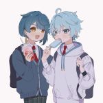  2boys ahoge baby_bav bag bendy_straw blue_eyes blue_hair child chongyun_(genshin_impact) commentary_request drink drinking_straw earrings food formal genshin_impact hair_between_eyes highres holding holding_food hood hooded_jacket jacket jewelry male_focus multiple_boys open_mouth popsicle red_tie school_bag simple_background single_earring smile tropical_drink upper_body white_background xingqiu_(genshin_impact) yellow_eyes 