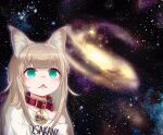 1girl 40hara :&lt; animal_ears aqua_eyes blonde_hair cat_ears cat_girl clothes_writing collar grey_hair highres kinako_(40hara) long_hair meme open_mouth original space space_cat_(meme) white_shirt white_t-shirt