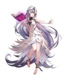 1girl bare_shoulders barefoot black_hair book breasts chain choker dress elbow_gloves feather_hair_ornament feather_trim feathers fire_emblem fire_emblem_engage fire_emblem_heroes floating floating_object full_body gloves glowing grey_hair hair_ornament highres kanda_done long_hair multicolored_hair non-web_source official_art open_book open_mouth short_dress sleeveless sleeveless_dress small_breasts solo toes transparent_background two-tone_hair veyle_(fire_emblem) violet_eyes white_dress 