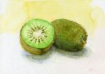 amima_amita artist_name food fruit highres kiwi_(fruit) kiwi_slice no_humans original paint painting_(medium) signature still_life traditional_media watercolor_(medium) white_background 
