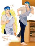  1boy apron barefoot black_pants carrot cu_chulainn_(fate) dressing earrings fate_(series) food full_body hal_(haaaalhal) highres holding holding_food holding_knife holding_vegetable jewelry kitchen knife licking_lips long_hair looking_back male_focus multiple_views musical_note pants ponytail shirt short_sleeves signature solo sparkle spoken_musical_note stepping striped striped_apron teeth tongue tongue_out translation_request upper_teeth_only vegetable vertical-striped_apron vertical_stripes white_shirt wooden_floor 