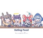  4girls alternate_costume alternate_hairstyle animal_ears black_hair blush_stickers brown_hair chibi chopsticks double_bun eating english_text feather_hair_ornament feathers food gawr_gura green_hair grey_hair hair_bun hair_ornament hakos_baelz halo highres holding holding_chopsticks hololive hololive_english instagram_username monja_(monja0521) mouse_ears multiple_girls nanashi_mumei ninomae_ina&#039;nis noodles onigiri pixiv_username redhead simple_background tentacle_hair twintails twitter_username udon virtual_youtuber white_background 